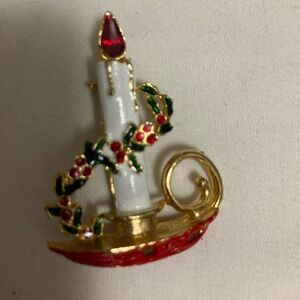 Festive Candle Brooch with Holly Accents